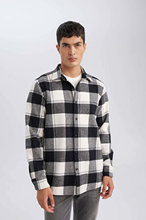 DeFacto Regular Fit Polo Yaka Kareli Oduncu Flanel Uzun Kollu Gömlek D7192AXNSWT32