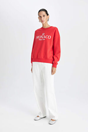 DeFacto Relax Fit Bisiklet Yaka Baskılı Kalın  Kırmızı Sweatshirt D6715AX24WNRD117
