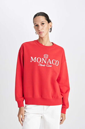 DeFacto Relax Fit Bisiklet Yaka Baskılı Kalın  Kırmızı Sweatshirt D6715AX24WNRD117