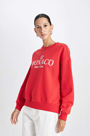 DeFacto Relax Fit Bisiklet Yaka Baskılı Kalın  Kırmızı Sweatshirt D6715AX24WNRD117