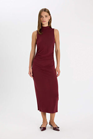 DeFacto Bodycon Vücuda Oturan Basic Düz Yarım Balıkçı Yaka Kolsuz Maxi Bordo Elbise D5067AX24AUBR194