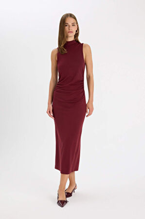 DeFacto Bodycon Vücuda Oturan Basic Düz Yarım Balıkçı Yaka Kolsuz Maxi Bordo Elbise D5067AX24AUBR194