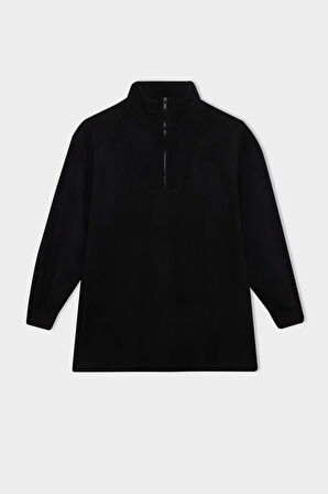 Kadın Siyah Regular Fit Yarım Fermuarlı Dik Yaka Selanik Kumaş Basic Düz Uzun Kollu Tunik