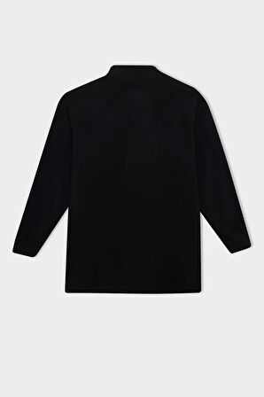 Kadın Siyah Regular Fit Yarım Fermuarlı Dik Yaka Selanik Kumaş Basic Düz Uzun Kollu Tunik