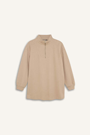DeFacto Regular Fit Yarım Fermuarlı Dik Yaka Selanik Kumaş Basic Düz Uzun Kollu Tunik B4306AX24WNBG718