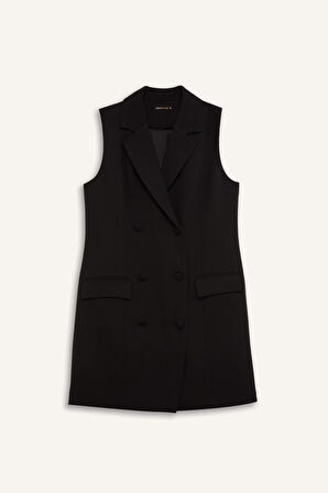 DeFacto A Kesim Kruvaze Yaka Düğmeli Basic Düz Kolsuz Midi Siyah Blazer Elbise D4186AX24AUBK81