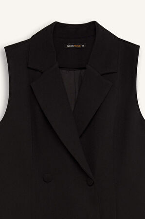 DeFacto A Kesim Kruvaze Yaka Düğmeli Basic Düz Kolsuz Midi Siyah Blazer Elbise D4186AX24AUBK81