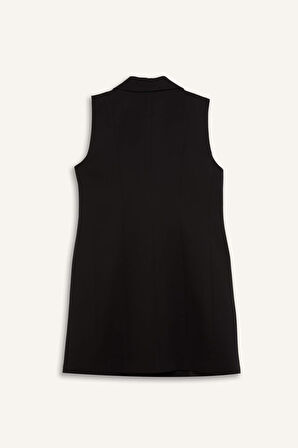 DeFacto A Kesim Kruvaze Yaka Düğmeli Basic Düz Kolsuz Midi Siyah Blazer Elbise D4186AX24AUBK81