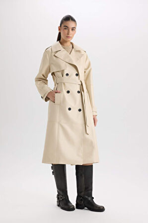 	Su İtici Suni Deri Trençkot  Kruvaze Yaka Düğmeli Kemerli Cepli 