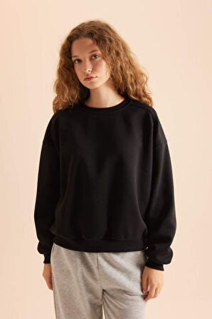 Coool Oversize Fit Geniş Kalıp Bisiklet Yaka Basic Düz Kalın Kumaş Sweatshirt