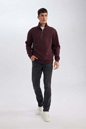 DeFacto 3 İplik Pamuklu Şardonlu İçi Polarlı Comfort Regular Fit Rahat Kalıp Dik Yaka Fermuarlı Kalın Sweatshirt D9067AXNSBR150