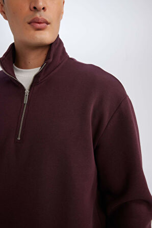 DeFacto 3 İplik Pamuklu Şardonlu İçi Polarlı Comfort Regular Fit Rahat Kalıp Dik Yaka Fermuarlı Kalın Sweatshirt D9067AXNSBR150