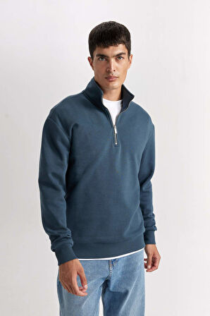 DeFacto 3 İplik Pamuklu Şardonlu İçi Polarlı Comfort Regular Fit Rahat Kalıp Dik Yaka Fermuarlı Kalın Sweatshirt D9067AXNSBE700