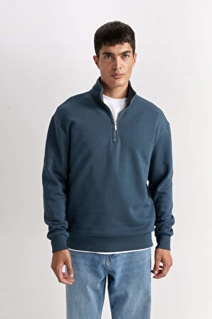 DeFacto 3 İplik Pamuklu Şardonlu İçi Polarlı Comfort Regular Fit Rahat Kalıp Dik Yaka Fermuarlı Kalın Sweatshirt D9067AXNSBE700