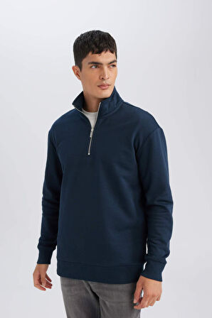 DeFacto Lacivert 3 İplik Pamuklu Şardonlu İçi Polarlı Comfort Regular Fit Rahat Kalıp Dik Yaka Fermuarlı Kalın Sweatshirt D9067AXNSNV163