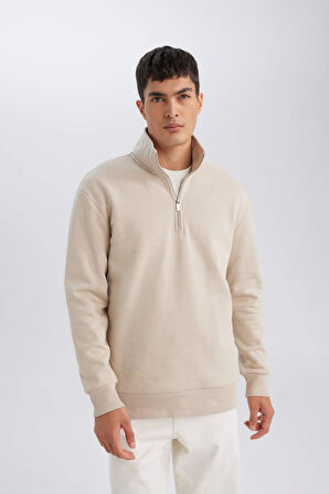 DeFacto 3 İplik Pamuklu Şardonlu İçi Polarlı Comfort Regular Fit Rahat Kalıp Dik Yaka Fermuarlı Kalın Sweatshirt D9067AXNSBG735