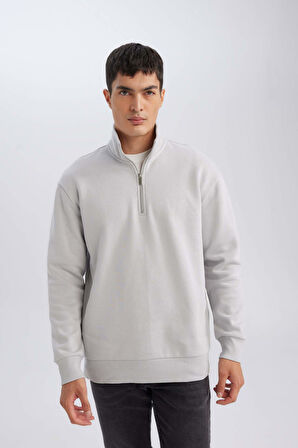 DeFacto Gri 3 İplik Pamuklu Şardonlu İçi Polarlı Comfort Regular Fit Rahat Kalıp Dik Yaka Fermuarlı Kalın Sweatshirt D9067AXNSGR253