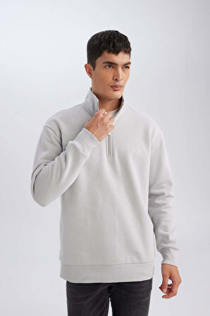 DeFacto Gri 3 İplik Pamuklu Şardonlu İçi Polarlı Comfort Regular Fit Rahat Kalıp Dik Yaka Fermuarlı Kalın Sweatshirt D9067AXNSGR253