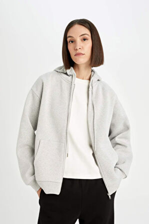DeFacto Gri Okula Dönüş Relax Fit Kapüşonlu Kalın Basic Düz Cepli Fermuarlı Sweatshirt D8717AX24WNGR210
