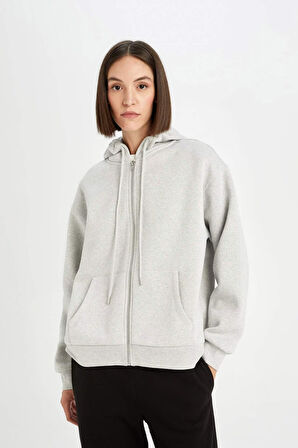 DeFacto Gri Okula Dönüş Relax Fit Kapüşonlu Kalın Basic Düz Cepli Fermuarlı Sweatshirt D8717AX24WNGR210