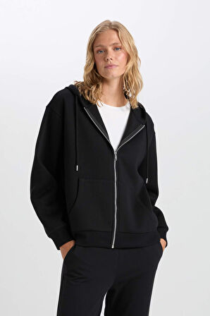 DeFacto Siyah Okula Dönüş Relax Fit Kapüşonlu Kalın Basic Düz Cepli Fermuarlı Sweatshirt D8717AX24WNBK81
