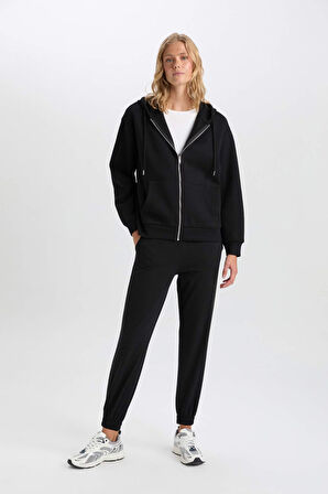 DeFacto Siyah Okula Dönüş Relax Fit Kapüşonlu Kalın Basic Düz Cepli Fermuarlı Sweatshirt D8717AX24WNBK81