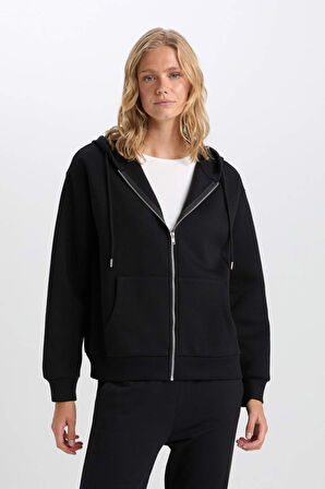 DeFacto Siyah Okula Dönüş Relax Fit Kapüşonlu Kalın Basic Düz Cepli Fermuarlı Sweatshirt D8717AX24WNBK81