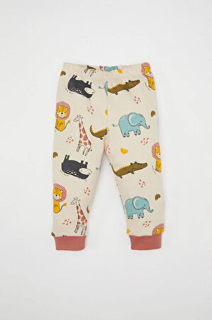 Erkek Bebek Pijama Takımı Safari Baskılı Uzun Kollu Üst Beli Lastikli Uzun Alt
