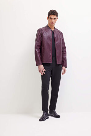 Su İtici Slim Fit Dar Kesim Dik Yaka Fermuarlı Suni Deri Mont
