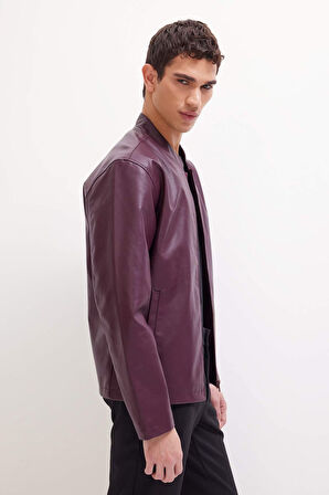 Su İtici Slim Fit Dar Kesim Dik Yaka Fermuarlı Suni Deri Mont