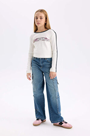 DeFacto Kız Çocuk Slim Fit Dar Kesim Bisiklet Yaka Baskılı Fitilli Kaşkorse Uzun Kollu Tişört D6993A824WNER99