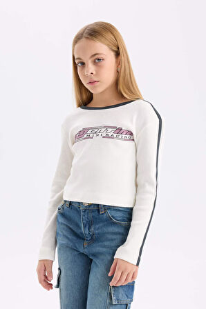 DeFacto Kız Çocuk Slim Fit Dar Kesim Bisiklet Yaka Baskılı Fitilli Kaşkorse Uzun Kollu Tişört D6993A824WNER99