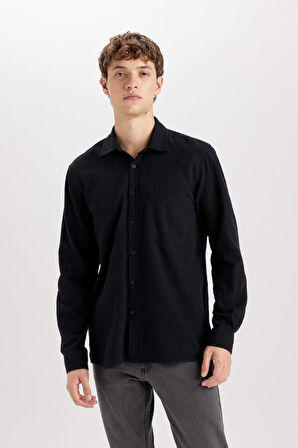 DeFacto Regular Fit Pamuklu Basic Düz Keten Görünümlü Uzun Kollu Gömlek D7079AX24SPBK81