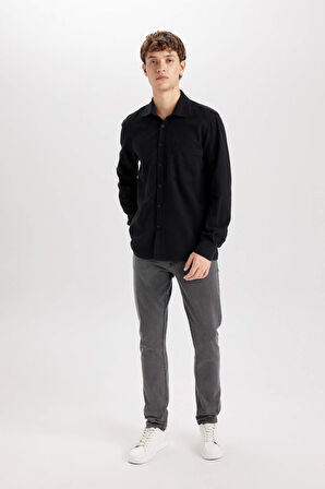 DeFacto Regular Fit Pamuklu Basic Düz Keten Görünümlü Uzun Kollu Gömlek D7079AX24SPBK81
