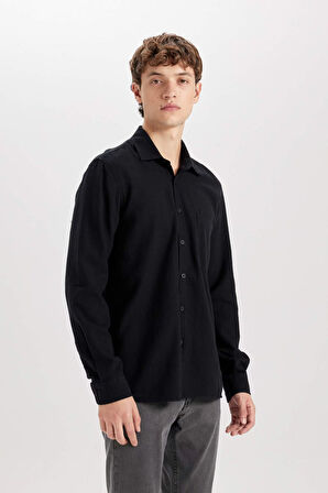 DeFacto Regular Fit Pamuklu Basic Düz Keten Görünümlü Uzun Kollu Gömlek D7079AX24SPBK81