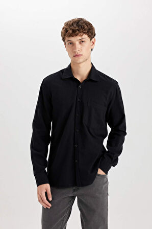DeFacto Regular Fit Pamuklu Basic Düz Keten Görünümlü Uzun Kollu Gömlek D7079AX24SPBK81