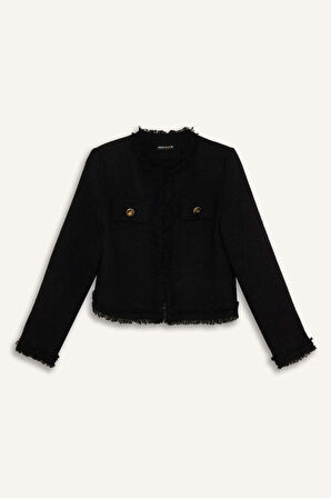 DeFacto Crop Bisiklet Yaka Tweed Blazer Ceket D5040AX24AUBK81