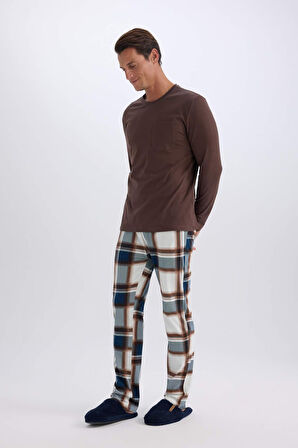 DeFacto Regular Fit Pijama Takımı Bisiklet Yaka Uzun Kollu Üst Kareli Uzun Alt D8213AX24WNBN151