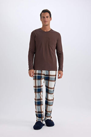 DeFacto Regular Fit Pijama Takımı Bisiklet Yaka Uzun Kollu Üst Kareli Uzun Alt D8213AX24WNBN151