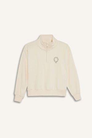 DeFacto Kız Çocuk Relax Fit Dik Yaka Yarım Fermuarlı Baskılı Sweatshirt D0620A824AUER134