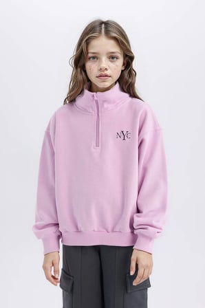 DeFacto Kız Çocuk Relax Fit Yarım Fermuarlı Baskılı Sweatshirt D0620A824AUPR139