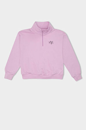 DeFacto Kız Çocuk Relax Fit Yarım Fermuarlı Baskılı Sweatshirt D0620A824AUPR139