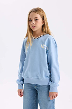 DeFacto Kız Çocuk Relax Fit V Yaka Baskılı Sweatshirt D6987A824WNBE734