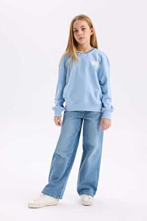 DeFacto Kız Çocuk Relax Fit V Yaka Baskılı Sweatshirt D6987A824WNBE734