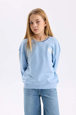 DeFacto Kız Çocuk Relax Fit V Yaka Baskılı Sweatshirt D6987A824WNBE734