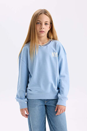 DeFacto Kız Çocuk Relax Fit V Yaka Baskılı Sweatshirt D6987A824WNBE734