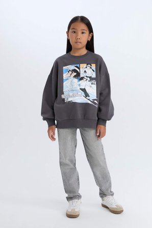DeFacto Oversize Geniş Kalıp Bisiklet Yaka Baskılı Sweatshirt Kız Çocuk D7054A824WNAR148