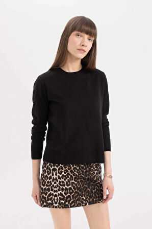 C0058 Siyah Regular Fit Yumuşak Dokulu Bisiklet Yaka Basic Düz Triko Kazak