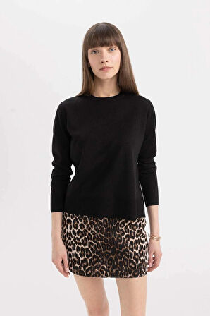 C0058 Siyah Regular Fit Yumuşak Dokulu Bisiklet Yaka Basic Düz Triko Kazak