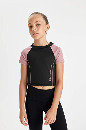 DeFacto Kız Çocuk Slim Fit Dar Kesim Bisiklet Yaka Yazı Baskılı Kısa Kollu Tişört D0313A824AUBK81